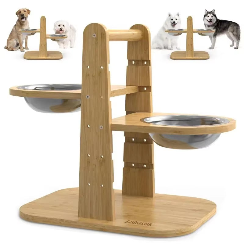 Adjustable Raised Dog Bowl with Non-Skid Feet Bamboo Elevated Feeder Stand with 2 Stainless Steel Bowls 5 Level Feeding Station