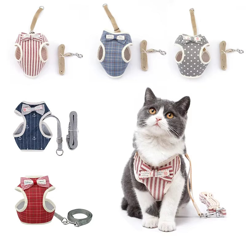 Bowknot Cat Harness and Leash Set Adjustable Puppy Harness Cat Lead Leash Clothes Vest Nylon Mesh Kitten Collar Cat Accessories