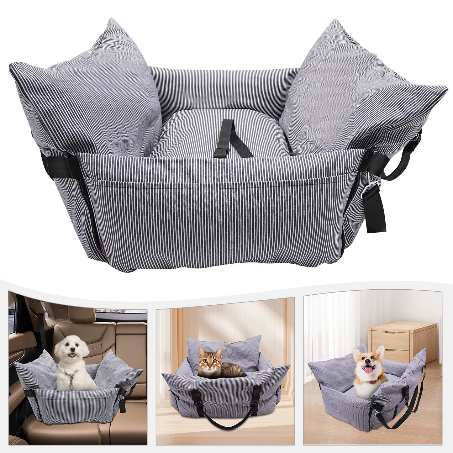 Portable Pet Seat On-Board Dog Seat, Dog Car Travel Carrier Bed with Adjustable Buckle, Pet Car Travel Accessories