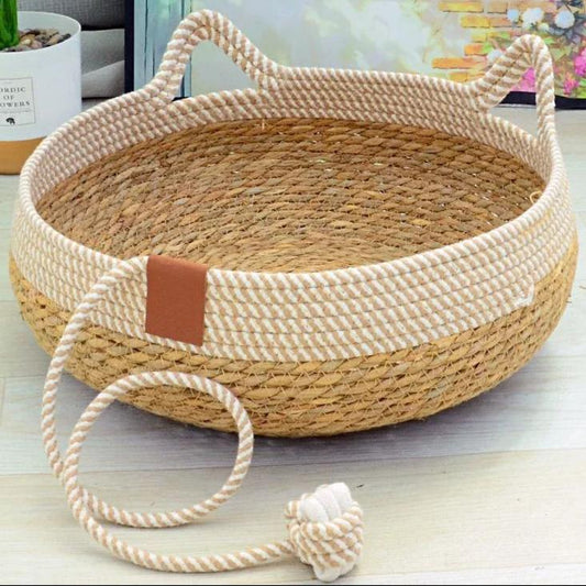 Summer Cat Bed Woven Removable Upholstery Sleeping House Cat Scratch Floor Rattan Wear-Resistant Washable Cat Pet Supplies 35