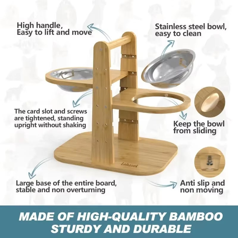 Adjustable Raised Dog Bowl with Non-Skid Feet Bamboo Elevated Feeder Stand with 2 Stainless Steel Bowls 5 Level Feeding Station